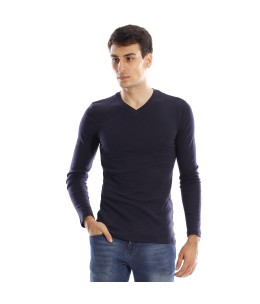 T-shirt manches longues col V - Bleu Marine