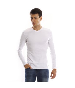 T-shirt manches longues col V - Blanc