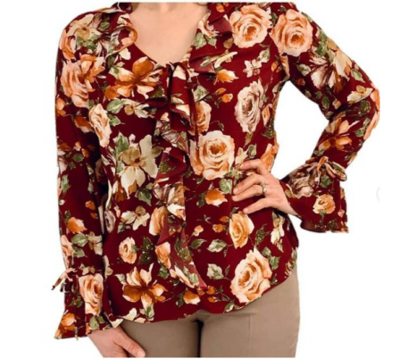 Chemise femmes à volants rouge fleurie Chemise femmes à volants rouge fleurie